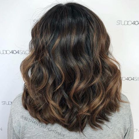 Mid-Length Layered Haircut for Women with Thick Hair Balayage Black Hair, Thick Bob Haircut, Balayage Black, Mid Length Layered Haircuts, Medium Length Wavy Hair, Layered Haircuts For Women, 2020 Hairstyles, Large Curls, Black Hair Balayage