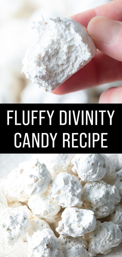 This Divinity Candy Recipe is a classic Southern candy that’s slightly crispy on the outside, with chopped pecans folded in a fluffy nougat interior. Dots Candy Recipe, Easy Divinity Recipe Microwave, Divinity Candy No Corn Syrup, Divinity Frosting Recipe, How To Make Divinity Candy, Candy Nougat Recipe, Keto Divinity Candy Recipe, Ragtag Candy Recipe, See’s Candy Recipes