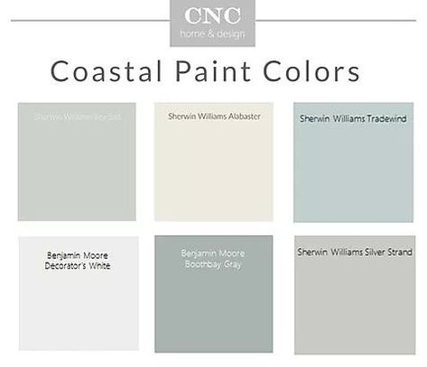 How to add coastal, beachy inspired style to your home with neutral paint colors like blues, whites and grays. Get coastal style decorating tips. Coastal Paint Colors Sherwin Williams, Coastal Farmhouse Paint Colors, Sherwin Williams Silver Strand, Decorators White Benjamin Moore, Soothing Paint Colors, Coastal Paint Colors, Concrete Creations, Coastal Paint, Beach House Colors