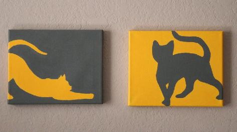 Paint some simple cat silhouettes. #DIY Silhouette Paintings, Silhouette Chat, Bird Silhouette Art, Mini Tela, Silhouette Painting, Bird Silhouette, Cat Artwork, Cat Silhouette, Cat Crafts