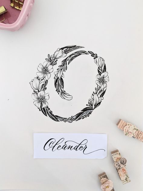 Oleander | letter O | floral doodle | flower alphabet | brush calligraphy | oleander floral drawing | floral Calligraphy | flowers that start with O Floral Letter Tattoo, Letter O Calligraphy, Letter O Tattoo, O Calligraphy, Calligraphy Flowers, Floral Calligraphy, Embellishment Drawing, Floral Monogram Letter, Drawing Floral