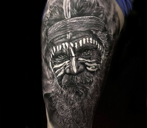 Aboriginal man tattoo by Marcos Martins | Photo 30032 Aboriginal Tattoo, Gorilla Tattoo, Man Tattoo, Indigenous Australian Art, Native Australians, Realistic Tattoo, World Tattoo, Calf Tattoo, Large Tattoos