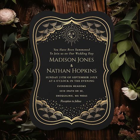 Gold Sun and Moon Tarot Card Wedding Invitation Elegant and modern wedding design inspired by a tarot card. Design is not real foil. For more invitations and gifts our Zazzle shop #linkinbio #Zazzlemade #weddingstationery #weddinginvitation #weddingplanner #weddingplans #weddinginspiration #weddinginspo #elegantwedding #weddingtrends #weddingsuite #weddinginvites #weddingideas #weddinginvitations #weddinginvites #zazzlestore #createeveryday #zazzle #smallbrand #smallbusiness #thepaperiega... Tarot Card Wedding Invitation, Tarot Card Wedding, Sun And Moon Tarot, Wedding Invitation Elegant, Tarot Card Design, Modern Wedding Design, Card Wedding Invitation, Moon Tarot Card, Invitation Elegant