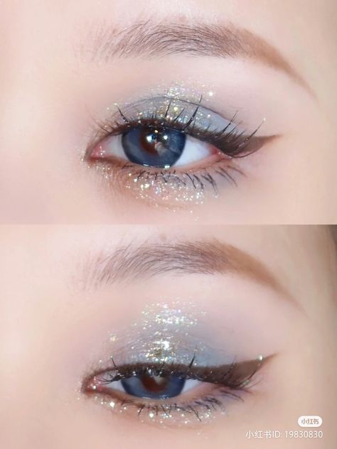 Blue Shimmery Eye Makeup, Blue Korean Makeup, Eye Makeup Chinese, Sky Blue Makeup Look, Soft Blue Eye Makeup, Light Blue Prom Makeup, Sky Blue Makeup, Eye Makeup Korean, Shimmery Eye Makeup