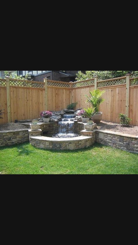 Back Garden Landscaping, Corner Landscaping, Patio Water Feature, Patio Design Ideas, Backyard Ideas For Small Yards, Pools Backyard Inground, Small Backyard Landscaping Ideas, Fountains Backyard, Garden Waterfall