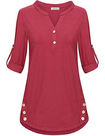 MOQIVGI Women's 3/4 Cuffed Sleeve Henley Shirts Fashion Casual V Neck Tunic Tops V Neck Tunic, Casual Skirt Outfits, Cuffed Sleeve, Elegante Casual, Women Tunic Tops, Dress Shirts For Women, Fashion Winter, Jewel Neck, Womens Clothing Stores