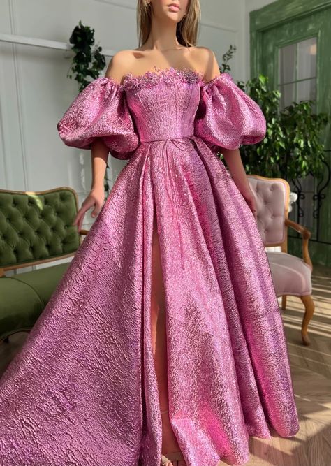 Brocade Prom Dress, Barbie Dress Women, Puffy Dresses Ball Gowns, Prom Dresses With Puffy Sleeves, Beads Design On Dress, Barbie Dress For Women, Prom Dress With Puffy Sleeves, Puffy Shoulder Dress, Teuta Matoshi Gown