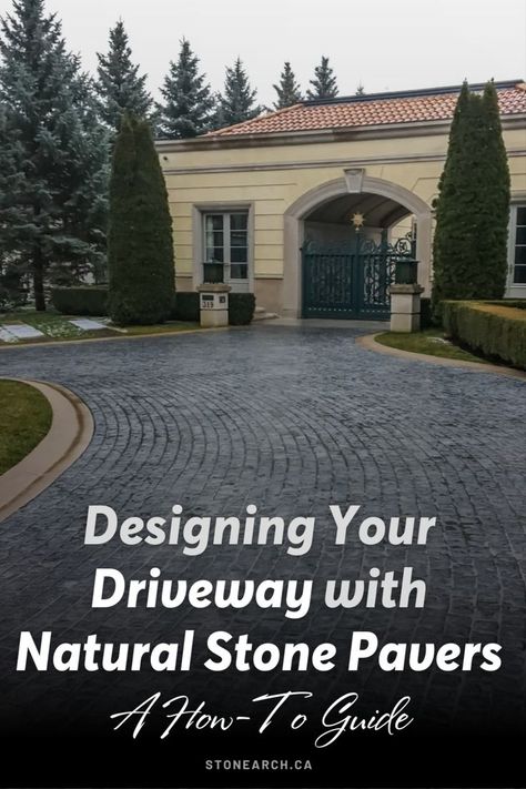 How To Use Natural Stone Pavers to Create a Stunning Driveway	Designing Your Driveway with Natural Stone Pavers: A How-To Guide Pavers Driveway, Outdoor Tiles Floor, Small Front Yards, Stone Tile Flooring, Stone Pavers, Walkway Design, Stone Driveway, Drought Tolerant Garden, Driveway Design