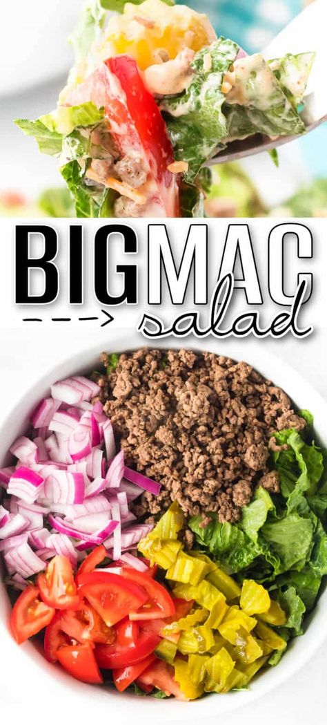 Chop Salad Ideas, Weight Watchers Big Mac Salad, Main Course Salads Recipes, Big Mac Salad Sauce, Hamburger Salad Recipes, Big Mac Salad Dressing, Big Mac Salad Recipe, Bang Bang Cauliflower Recipe, Hamburger Salad