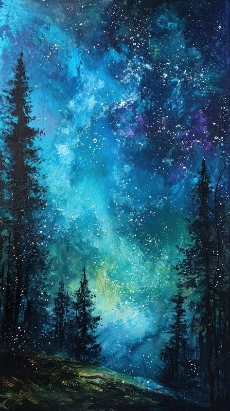 Watercolor Night Painting, Enchanted Painting, Night Scenery Painting, Aurora Watercolor, Aurora Painting, Woodland Painting, Wallpaper Iphone Dark, Dark Watercolor, Landscape Digital Art