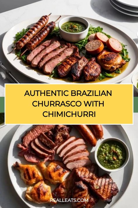 Authentic Brazilian churrasco with various grilled meats and chimichurri sauce. Brazilian Churrasco, Measuring Ingredients, Grilled Meats, Paleo Beef, Chimichurri Sauce, Pork Sausage, Grilled Meat, Home Recipes, Food Guide