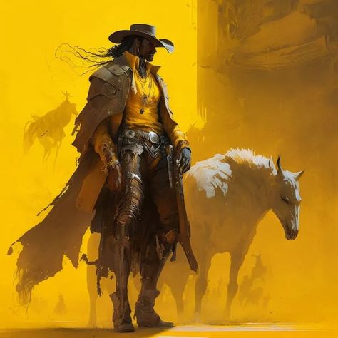 Black Gunslinger, Black Gunslinger Art, Black Cowboy Art, Black Cowboy Drawing, Cowboy Wizard Dnd, Black Cowboys Art, Angel Cowboy, Fantasy Cowboy Art, Yellow Character Design