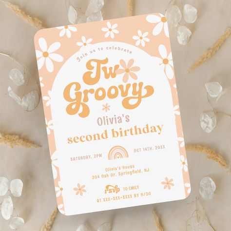 $3.32 | Two Groovy Boho Arch 2nd Birthday Invitation - 2nd birthday, two groovy, retro, daisy, baby girl, rainbow, boho, arch, hippie, flower Groovy First Birthday Girl, One Groovy Girl Birthday, Groovy Invitations, Groovy Theme, Bday Themes, 11 Birthday, Groovy One, Two Groovy, Boho Arch