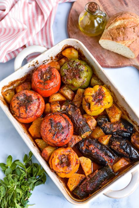 Gemista - Greek Stuffed Vegetables - Mediterranean Savor Yemista Recipe, Stuffed Peppers With Rice, Stuffed Vegetables, Vegetarian Stuffed Peppers, Onion Vegetable, Vegetable Tray, Tomato Pasta Sauce, Greek Dishes, Vegetarian Meal