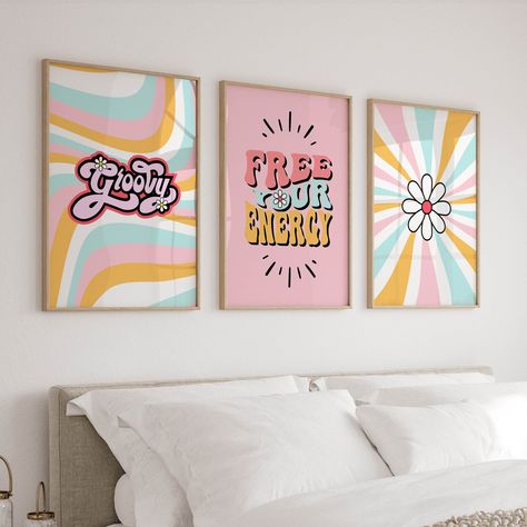 Set of 3 Preppy Wall Art Posters in Pink Orange and Blue, Colorful Funky Prints for Girl's Room, Bedroom, Dorm Room, 70s Decor Apartment - Etsy Ireland Funky Girls Bedroom, Dorm Room Paintings, Minimalist Dorm, Pink Dorm Rooms, Funky Prints, Pink Dorm, Preppy Wall Art, 80s Decor, Trendy Art Prints