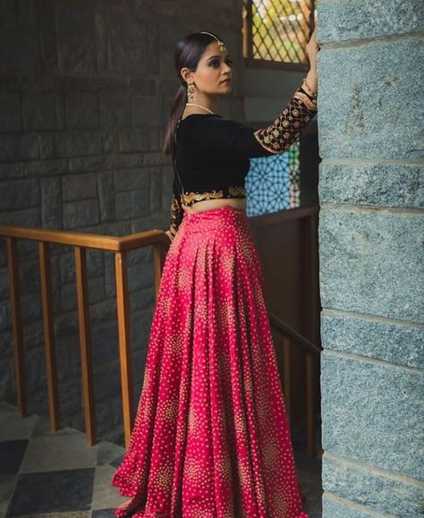 Beautiful Silk Lehenga with black velvet blouse. Embellished with hand embroidery work. Black Velvet Blouse Designs For Lehenga, Pink Lehenga Combination Blouse, Crop Top And Skirt Indian, Hot Pink Skirt Outfit, Black Velvet Blouse Design, Dark Pink Blouse, Velvet Blouse Design, Long Skirt Top Designs, Velvet Outfits