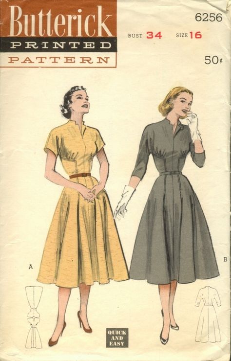 Interesting bodice cut and styling on this 1950s dress - Butterick 6256 1952 Fashion, 1950s Dress Patterns, Vintage Clothes Patterns, Patron Vintage, Vintage Fashion 1950s, Vintage Dress Patterns, Fashion 1950s, Butterick Sewing Pattern, Retro Mode