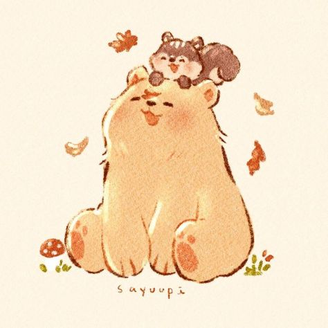 Squirrel Illustration, Fall Drawings, Squirrel Art, Cute Bear Drawings, Bear Illustration, Cute Doodles Drawings, Falling Leaves, Bear Art, Dessin Adorable