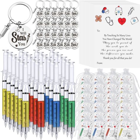 PRICES MAY VARY. Comprehensive Nurse Gifts: we offer you a complete package that includes 24 nurses keychains, 24 syringe pens for nurses, and 24 thank you cards, each wrapped in a beautiful organza bag; This ensures you have a complete gift set to appreciate a group of nurses or individual gifts for each nurse you want to thank Suitable Sized Gifts: the size of each nurse gift item is quite appealing; The nursing pens are about 4.92 inches long, fitting comfortably in the hand for smooth writin Funny Nurses, Student Doctor, Novelty Pen, Thank You Bags, Surgical Tech, Tech Week, Nursing Student Gifts, Nurse Appreciation Gifts, Goody Bags