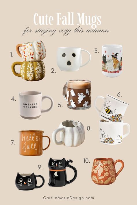 cute fall mugs for staying cozy this autumn, fall mug roundup, pumpkin mug, ghost mug, sweater weather mug, halloween mug, spooky season mug, black cat mug, fall coffee mug Pumpkin Mugs Ceramic, Autumn Coffee Mugs, Autumn Mug Aesthetic, Fall Mugs Aesthetic, Cute Fall Mugs, Autumn Gift Ideas, Fall Mug Ideas, Fall Mug Painting Ideas, Fall Ceramic Ideas