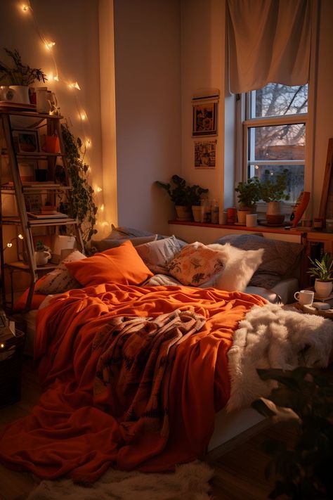 Boho aesthetic bedroom with orange bed, colorful lights, vibrant yet melancholic ambiance. Nostalgic and tranquil atmosphere. Cosy Autumn Bedroom Aesthetic, Autumn Core Bedroom, Orange 70s Bedroom, Orange Aesthetic Room Ideas, Halloween Bedroom Decor Aesthetic, Orange Bedding Ideas, Orange Aesthetic Bedroom, Bedroom Inspirations Cozy Warm, Orange Room Ideas