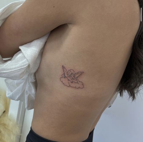 Rib Tattoo Placement, Cherub Tattoo Designs, Cool Finger Tattoos, Cupid Tattoo, Cherub Tattoo, Small Girly Tattoos, Small Pretty Tattoos, Petite Tattoos, Cute Tiny Tattoos