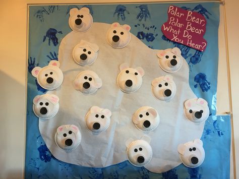 Polar bear polar bear what do you hear? Polar Bear Bulletin Board, Bear Bulletin Board Ideas, Preschool Door Ideas, Bear Activities Preschool, Polar Bears Preschool, Polar Bears Activities, Polar Bear Paint, Polar Bear Theme, Bears Preschool