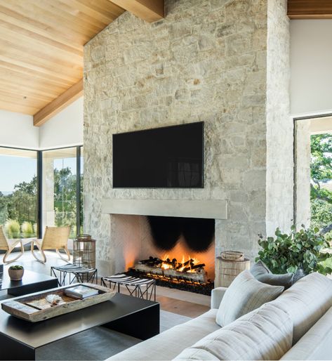 Stone Fireplace Neutral Natural Stone Fireplace Modern Stone Fireplace, White Stone Fireplaces, Mantel Styling, Stone Fireplace Wall, Modern Ranch House, Stacked Stone Fireplaces, Natural Stone Fireplaces, Stone Wall Design, Stone Wall Cladding