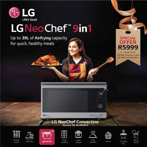 ❗❗❗ SPECIAL OFFER ❗❗❗ #Cooking quick & healthy meals have never been this easy! Get yourself an #LG 39 Litre NeoChef Convection Microwave from @MHCWorld1 which is valued at R8,999 but now offered at R5,999! Click here to buy >> https://www.mhcworld.co.za/products/lg-39l-neochef-convection-microwave-mj3965acs?_pos=1&_sid=9cc59e6e6&_ss=r 👉 This offer is ONLY valid until the 24th of April 2022 so hurry up Until stock lasts E&OE (T&C’s apply) at Selected Retailers Purchase for R3,500 ONLINE And Lg Wall Oven And Microwave, Whirlpool Microwave Low Profile, Lg Microwave Oven, Compact Microwave Oven, Panasonic Microwave Oven, Quick Healthy Meals, Slow Food, Special Offer, Creative Ads