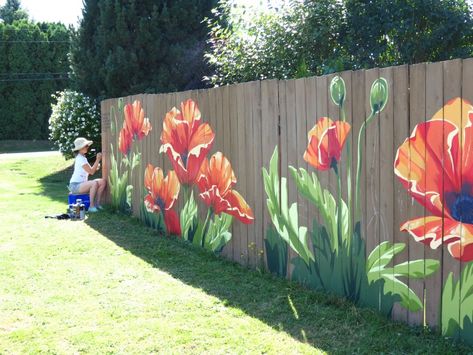 New mural on residential neighborhood fence is for community to enjoy | Whatcom News Fence Painting, Decorative Fence, Residential Neighborhood, Garden Fence Art, Garden Mural, Flower Mural, Floral Bedroom, Fence Art, Flowers Painted