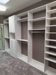 Walk In Closet Size, Closets By Design, Traditional Closet, Master Closet Design, Raised Panel Cabinets, Closet Clutter, Creative Closets, Recessed Panel Cabinets, Dark Wood Cabinets