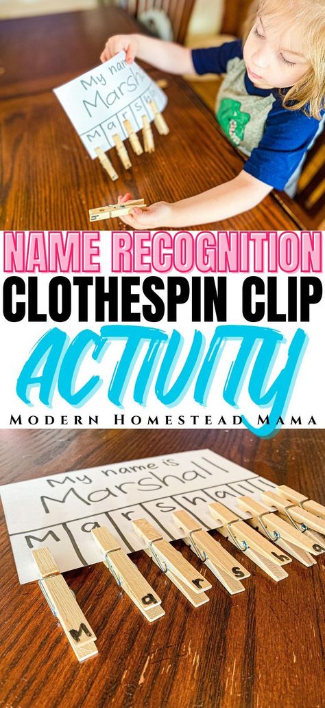 Preschool Name Recognition, Clothespin Clip, Ella Name, Literary Activities, Name Activities Preschool, Educational Toddler Activities, Preschool Names, Cognitive Activities, Activity For Preschoolers