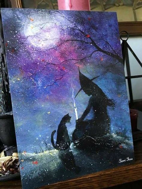 Halloween Canvas Paintings, Witch Painting, Image Halloween, Easy Canvas Painting, Halloween Painting, Witch Art, Autumn Painting, A Witch, Diy Art Painting