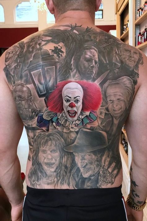 Horror classics back piece | By David Corden | Done at Semper Tattoo | Jul 30th 2018 | 625276 | Movie tattoos, Horror movie tattoos, Horror tattoo Pennywise Tattoo, Tattoo Nightmares, Horror Classics, Horror Movie Tattoos, Movie Tattoo, Tattoo Background, Movie Tattoos, Bug Tattoo, Scary Tattoos