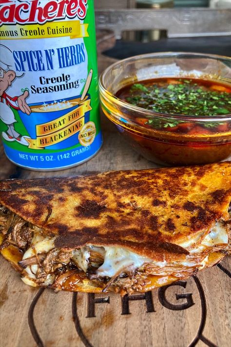 These tasty Brisket Birria Tacos sit aside a can of Tony Chachere's Spice N' Herbs Seasoning. Brisket Birria Tacos, Brisket Birria, Brisket Tacos Recipe, Beef Birria Recipe, Brisket Recipes Smoked, Brisket Tacos, Oaxaca Cheese, Birria Tacos, Appetizers Easy Finger Food