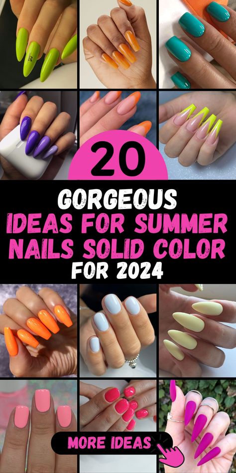 Make a splash this summer with our chic solid color nails. Whether you're into classic pinks or trendy neons, our collection has something for everyone. Made with high-quality materials and long-lasting formulas, our nails offer unbeatable durability and color payoff. Choose from a variety of shapes, including almond, square, coffin, and oval, to create a look that's uniquely you. Solid Color Nail Designs, Solid Color Summer Nails, Trendy Nail Shapes, Color Summer Nails, Nails With Tips, Nail Colors For Summer, Solid Color Nails, May Nails, Color Nails