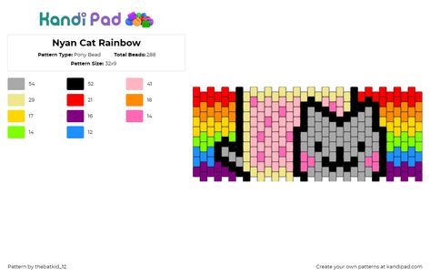 Nyan Cat Kandi, Pony Bead Patterns Easy, Cat Rainbow, Fuse Bead Patterns, Kandi Cuff, Pony Bead Patterns, Kandi Patterns, Nyan Cat, Bead Pattern