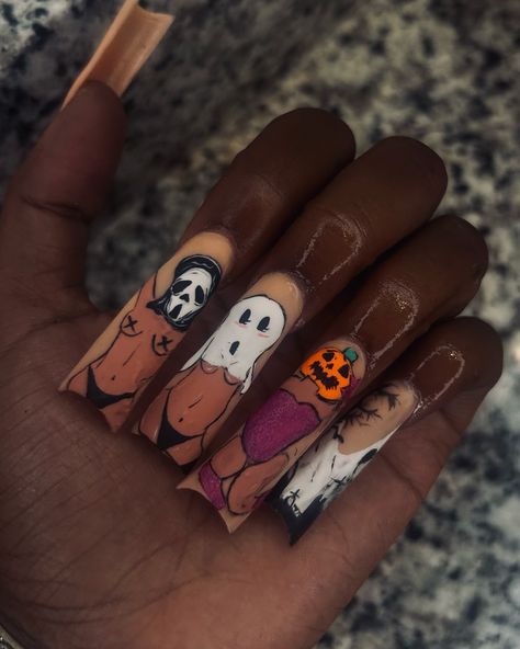 It’s the boo season 👻🎃. #nailart #cltnails #kreativnailsupply #bookstagram #contractor #scnailtech #ncnailtech #barber #bollywood #southcarolinanailtech #nailartist #halloween #naildesign Halloween Matching Couple Nails, Halloween Patchwork Nails, Saw Nails Halloween, Red Aspen Halloween Nails, Halloween Naildesign, Halloween Kaws Nails, Saw Nails, Halloween Patch Nails, Halloween Matching