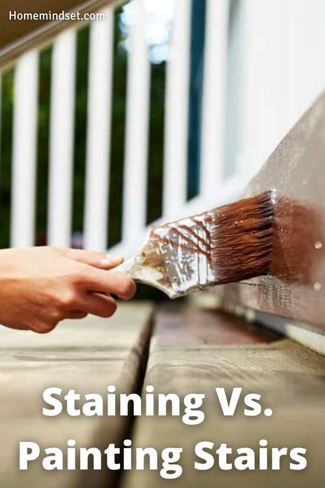 Paint Or Stain Stair Railing, Painted And Stained Stairs, How To Stain Stairs, Staining Wood Stairs, Painting Steps Indoors, Black Stained Stairs, Staircase Makeover Paint, Refinishing Stairs, Painted Stairs Makeover