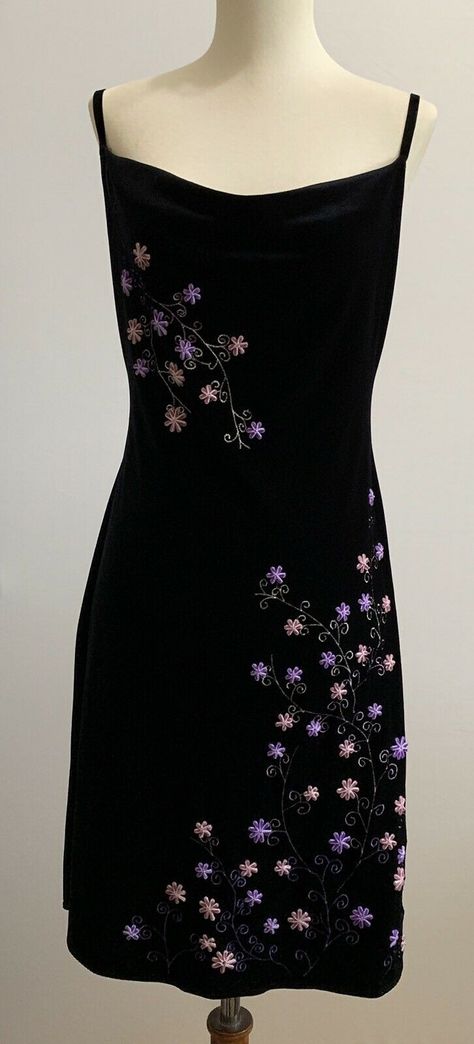 VINTAGE BETSEY JOHNSON Black Velvet Embroidered Bead Floral Drape Neck Dress Sz8 - $59.99 | PicClick Velvet Flower Dress, Slip Dresses 90s, 90s Betsey Johnson Dress, Alternative Hoco Dresses, Unique Hoco Dresses Long, Whimsigoth Dress Formal, Vintage Homecoming Dresses 90s, Vintage Chiffon Dress, Vintage Pieces Clothes