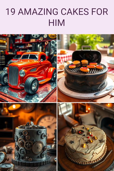 Surprise the special man in your life with these stunning cake ideas! From a hot rod cake to a BBQ grill cake and even an adventure map cake, there's something here to make every celebration memorable. Whether you're celebrating a birthday, anniversary, or simply want to treat someone special, these creative cake designs will steal the show. Unique cakes like a steampunk gear cake add a personalized touch that any man would love. Check out our amazing list and get inspired to bake a cake that wows! Whiskey Decorated Cake, Lifeguard Cake Ideas, Men 35th Birthday Cakes, 65 Birthday Cake For Man, Man Cakes Birthday For Men, 65th Birthday Cakes For Men, 60th Birthday Cake For Men Dads, Mechanic Cakes For Men, Bbq Cake Ideas