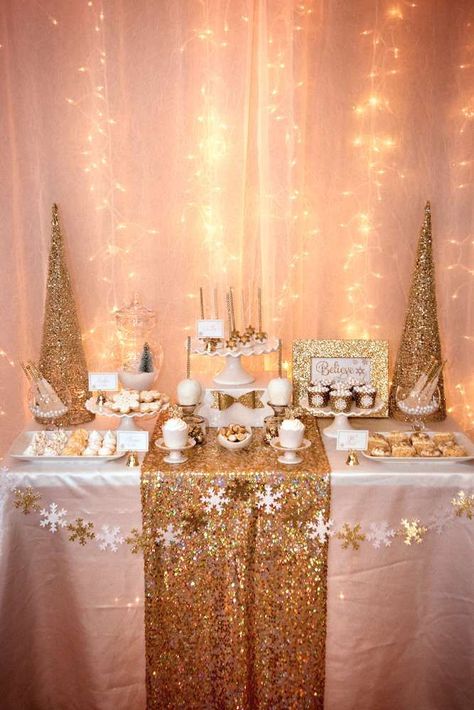 Gold Christmas party dessert table!  See more party planning ideas at CatchMyParty.com! Christmas Party Ideas For Teens, Christmas Desserts Party, Elegant Christmas Party, Christmas Dessert Table, Chirstmas Decor, Adult Christmas Party, Work Christmas Party, Christmas Dreaming, Party Dessert Table