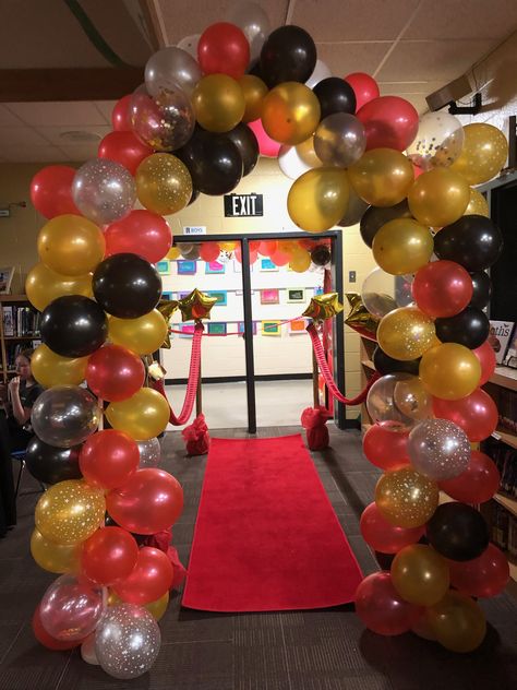 Balloon arch we made at school for a VIP red carpet event for the kids. Vip Party Theme, Vip Theme Party, Vip Dance, Vip Party Decorations, Red Carpet Theme Dance, Vip Red Carpet Party Ideas, Red Carpet With Balloons, Red Carpet Banquet Theme, Vip Dance Theme