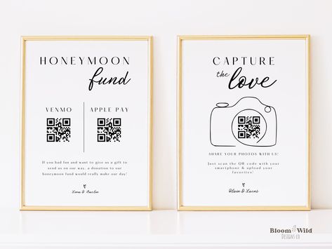 This Modern Minimalist Capture the Love and Honeymoon Fund Sign Mini Bundle is the perfect way to ask your guests to put their picture-taking skills to good use and donate to your honeymoon while celebrating with you on the big day!     After you place your order, you will receive an email from Etsy with a link to access your fully editable templates, where you can customize all your own details through Canva!  *Please note you will NOT receive any physical items in the mail. This listing is for a digital download.* --------------------------- YOU WILL RECEIVE --------------------------- * * * Sign Templates * * * * 2 Sizes of Each Template Included  - 5x7 in  - 8x10 in * Canva Editing Tips and Video Tutorial * PDF on how to create a free QR code in Canva ------------------------- MATCHING Qr Code For Wedding Money, Honeymoon Fund Sign Ideas, Pov Camera Wedding Sign, Tinder Wedding Sign, Wedding Venmo Sign, Venmo Wedding Sign, Honeymoon Fund Qr Code, Pov App Wedding Sign, Capture The Love Wedding Sign