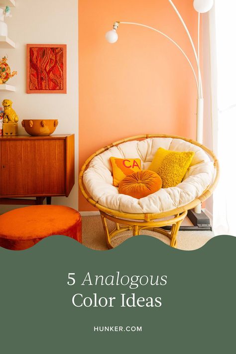 Though these shades are similar to one another, they create a bold, eye-catching look when paired together in a single room. Keep scrolling for five of our favorite analogous color ideas that are sure to add zest to any room in your home. #hunkerhome #colorcombos #colorcomboideas #analogouscolors #colorideas Analogous Interior Design Color Schemes, Analogous Color Scheme Interior Design, Analogous Interior Design, Analogous Color Scheme Interior, Interior Design Living Room Grey, Yellow Painted Rooms, Soft Blue Walls, Analogous Color, Ideas For Painting