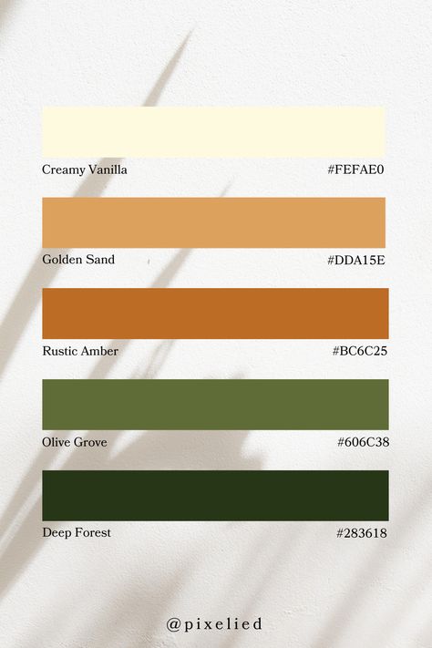 This green earth tone palette features deep forest green, rustic brown, warm terracotta, soft mustard, and creamy off-white. It evokes a sense of natural serenity and timeless elegance. Perfect for designs inspired by nature and tranquility. Earth Tone Combinations, Forest Green And Terracotta Living Room, Forest Green Palette Colour Schemes, Forest Green Color Combinations, Green Brown Color Scheme, Warm Earth Tone Color Palette, Earth Color Palette, Earth Palette, Green Earth Tone