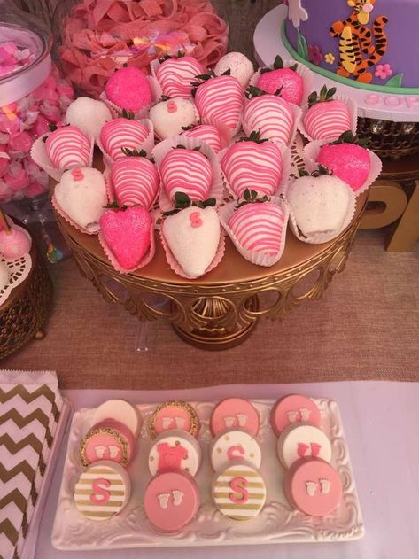 Pink desserts at a floral baby shower party! See more party planning ideas at http://CatchMyParty.com! Baby Shower Desserts Girl, Strawberry Ideas, Showers Ideas, Girl Shower Themes, Baby Shower Chocolate, Babyshower Party, Valentines Baby Shower, Pink Desserts, Baby Shower Treats