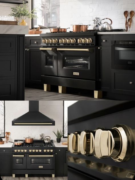 Black And Gold Kitchen, Kitchen Suite, Gold Kitchen, Kitchen Inspiration Design, Black Kitchen, Design Living Room, Kitchen Remodel Idea, Kitchen Makeover, Black Kitchens