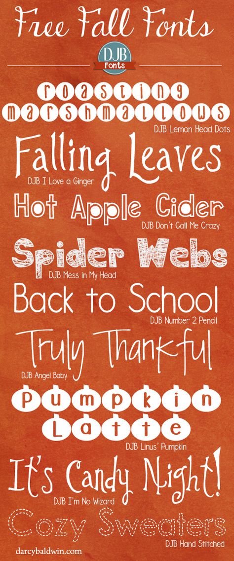 Is Autumn your favorite time of the year? These DJB Fonts will help you bring the feel of fall onto your scrapbook pages, teacher created materials and every other way you love using fonts! Free for personal use fonts from DJBFont.com (commercial licensing available). Blog Fonts, Halloween Lettering, Fall Fonts, Teacher Created Materials, Scrapbook Fonts, Lemon Head, Computer Font, Silhouette Fonts, California Shirt