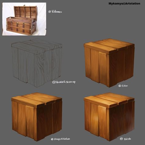 ArtStation - Clean Wood Painting Process, Minkyung Yu How To Paint Wood Texture, Painting Wood Texture, Painting Of Wood, How To Draw Wood, Material Painting, Wood Drawing, Wood Cube, Clean Wood, Game Textures